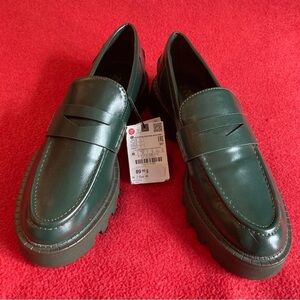 ZARA Sz 40 Chunky Sole Forest  Green Penny Round Toe Y2K Loafers NEW WITH TAGS
